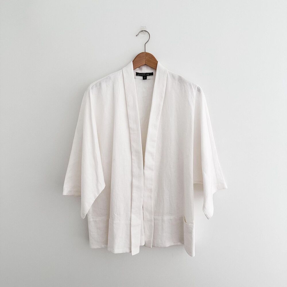 Lafayette 148 White 100% Linen Open Front Jacket Minimalist Style Blazer Size M